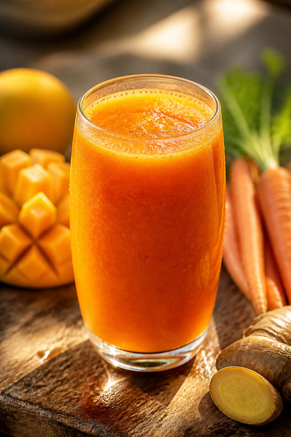 Vivid orange mango carrot ginger juice in a glass