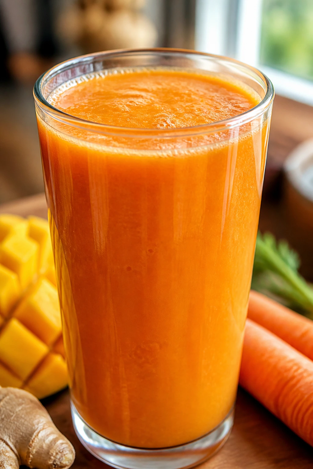 Bright orange Mango Carrot Ginger Smoothie in a glass on a kitchen counter
