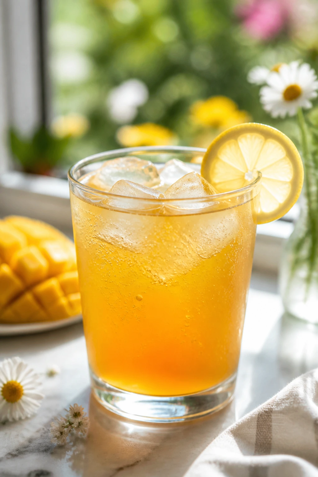 Close-up of Mango Chamomile Cooler in a glass with lemon slice and bubbles on a bright kitchen counter
