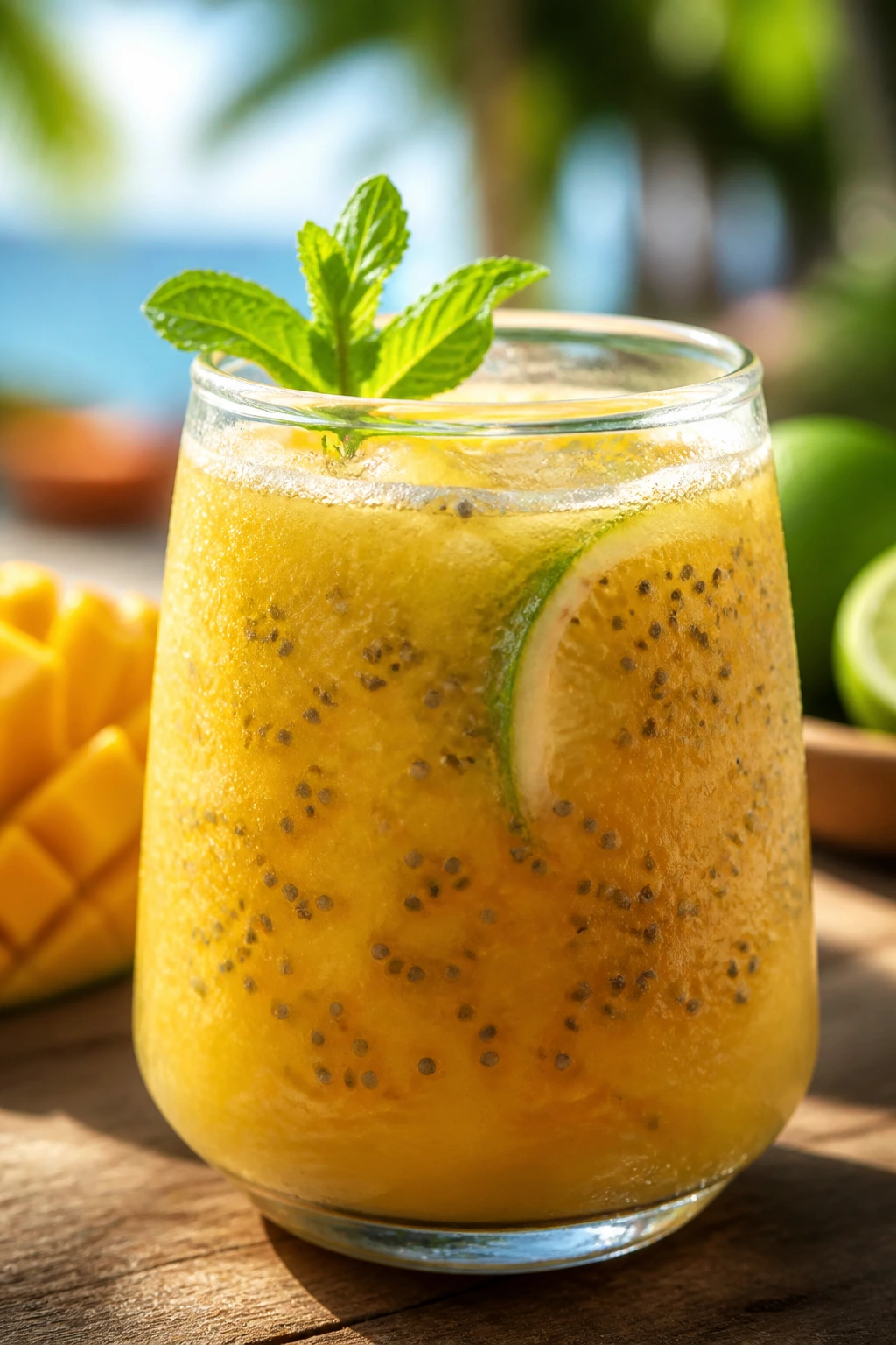 Mango chia fresca in a glass with chia seeds and mint on a sunny patio
