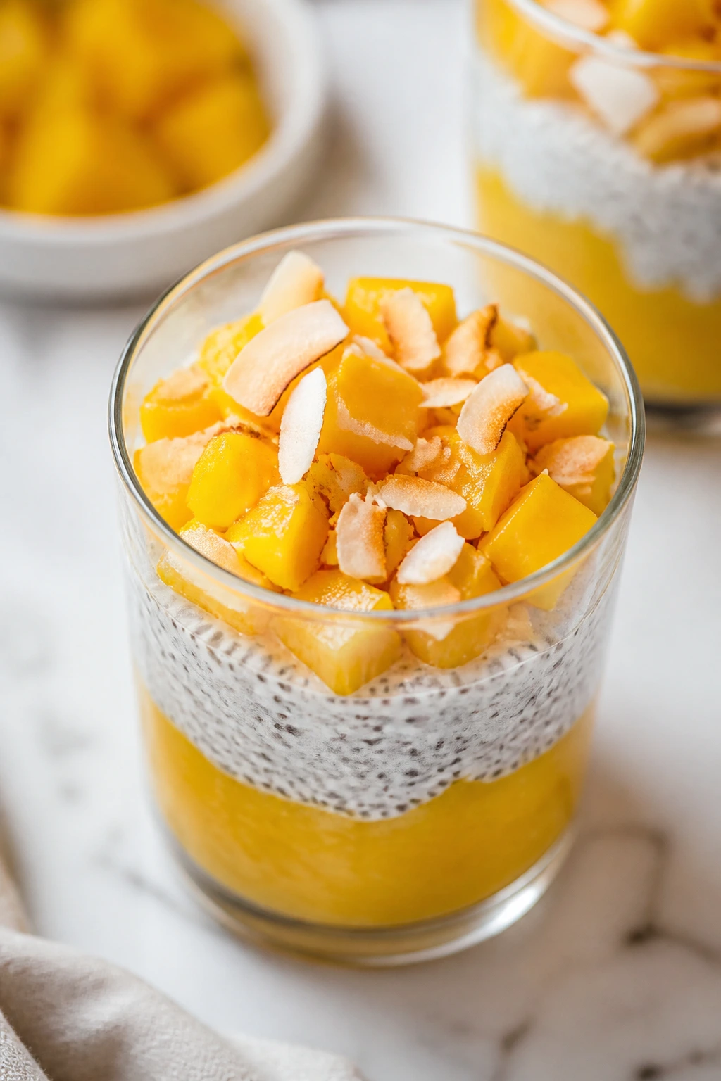 Close-up of mango coconut chia pudding cup with mango chunks