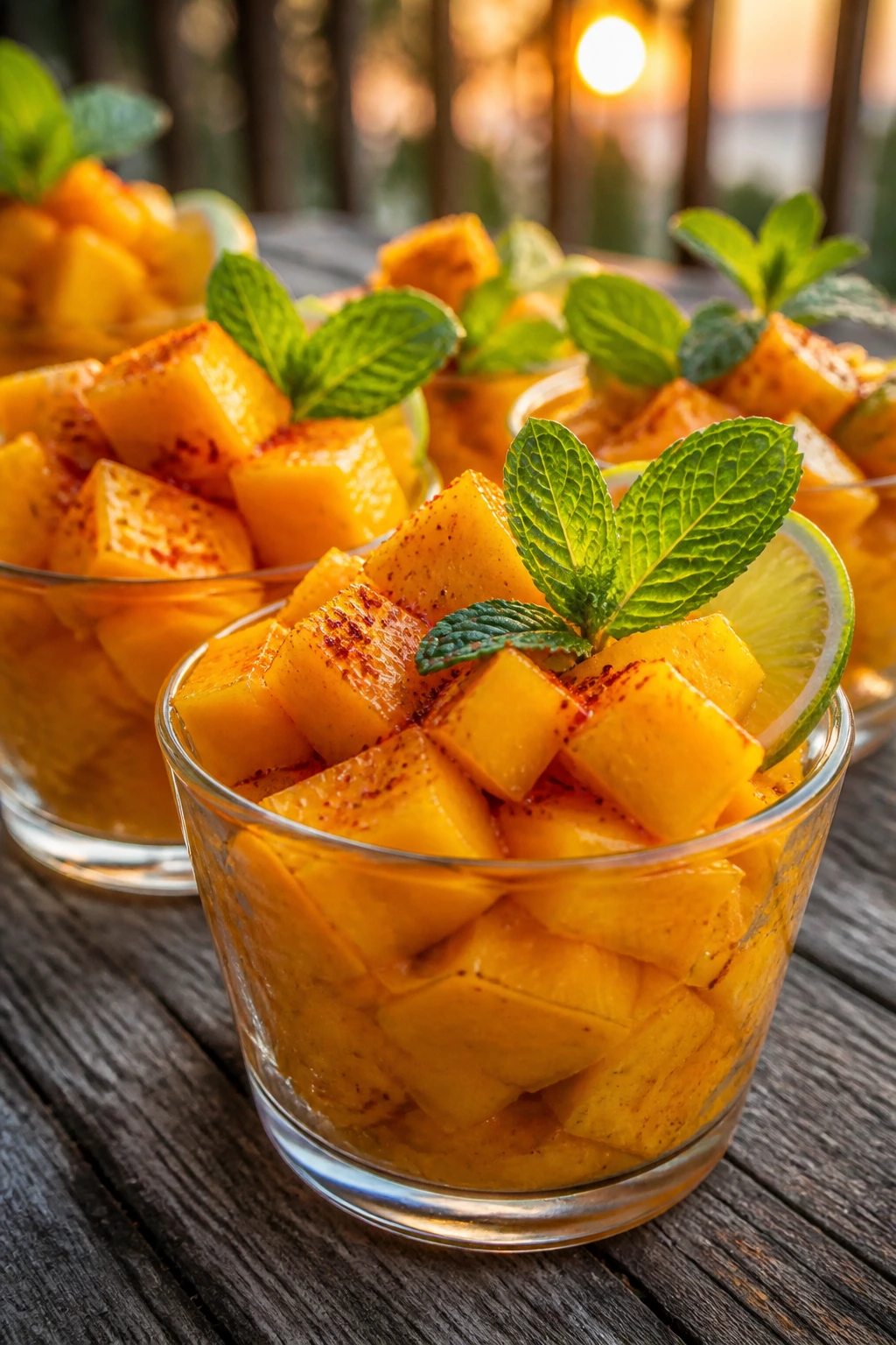 Close-up of mango chili cups with lime and mint on a wooden table