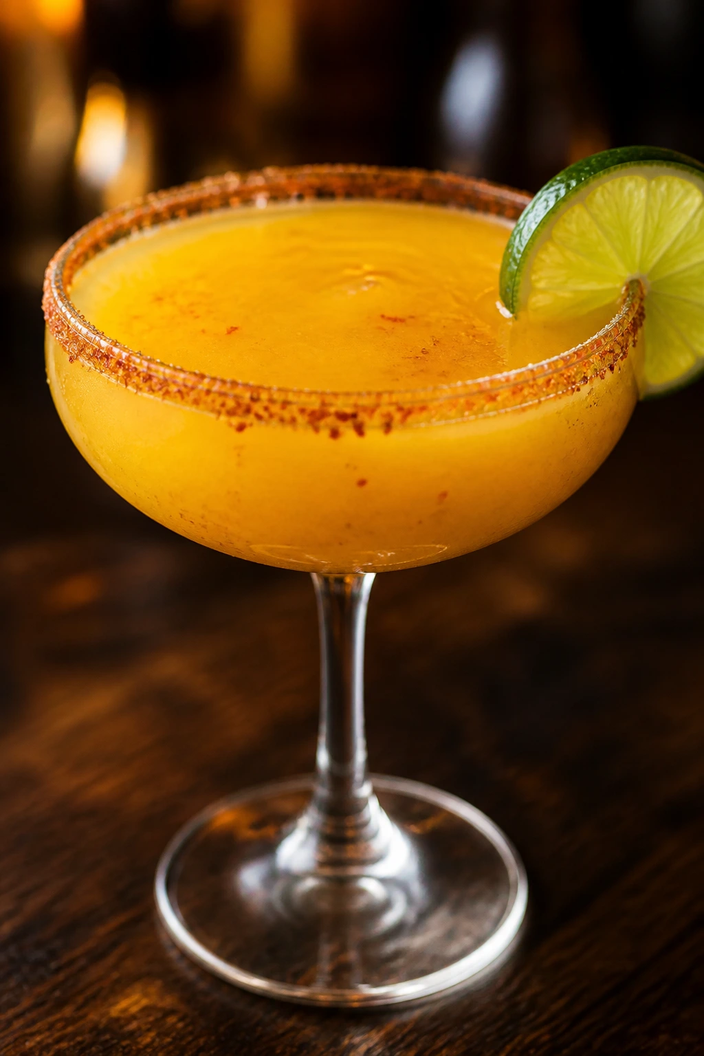 Close-up of Mango Chili Daiquiri in a coupe glass with lime wheel on a wooden bar