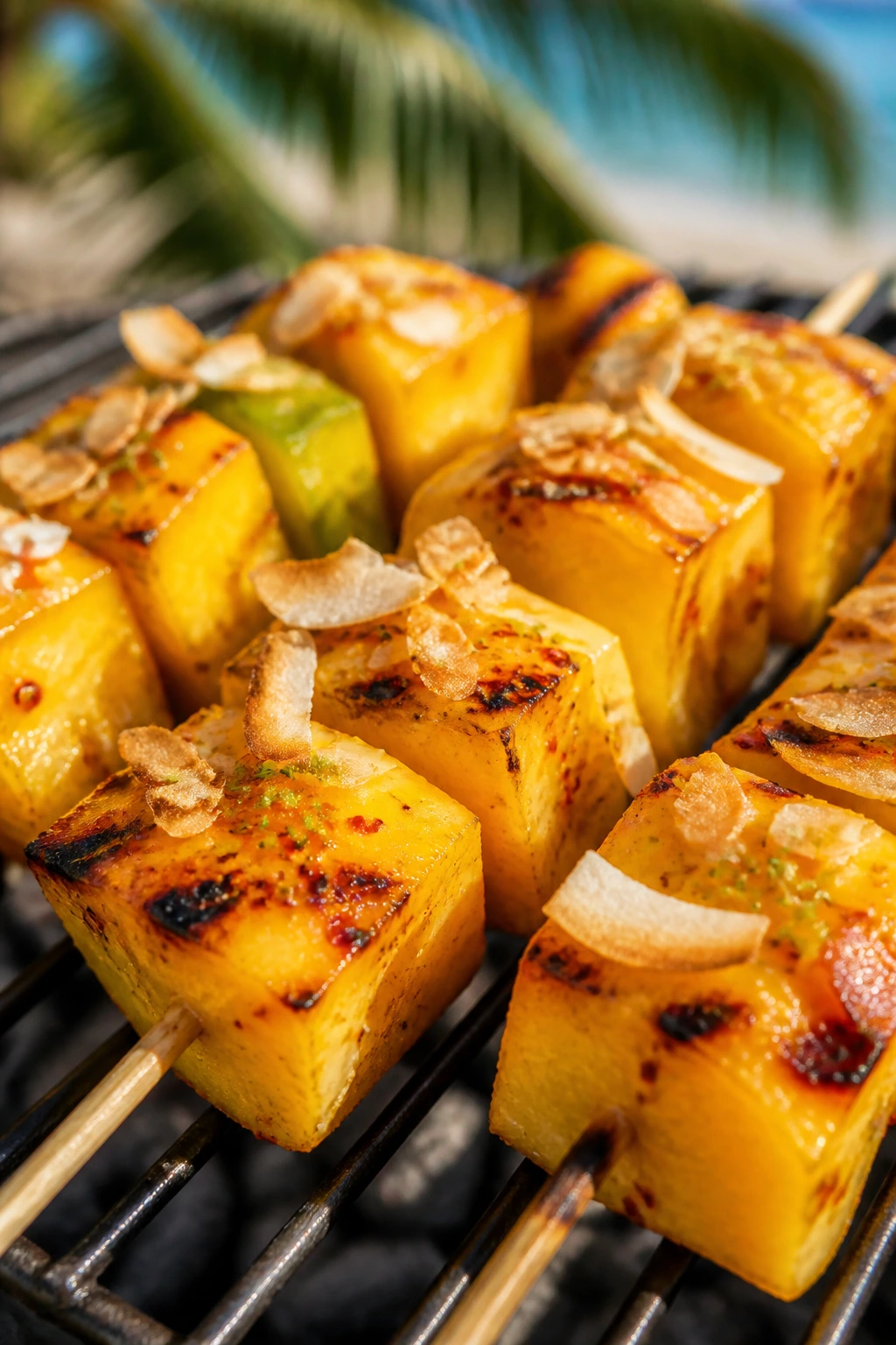 Mango skewers with chili-lime glaze and coconut flakes
