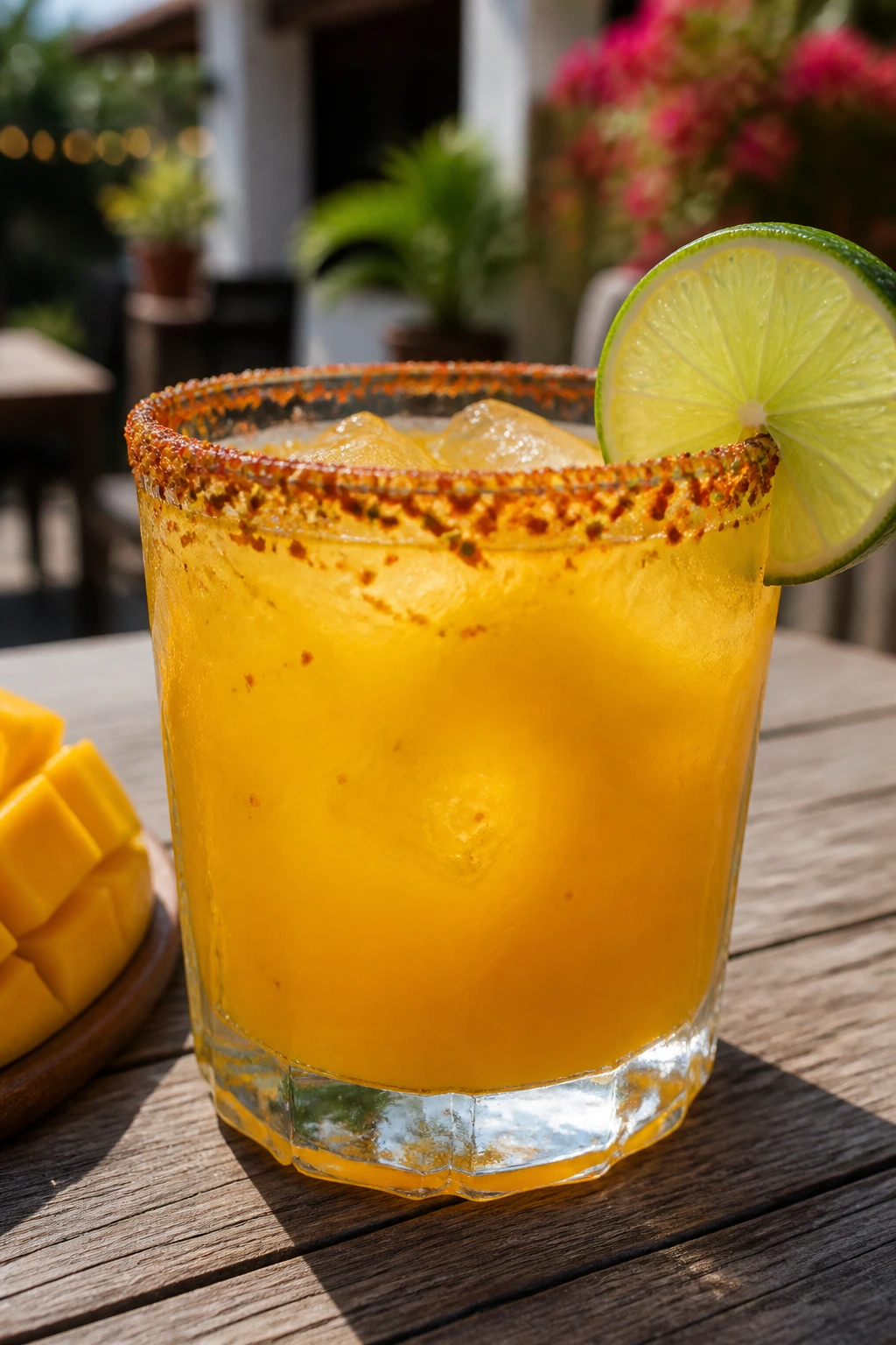 Mango chili margarita with chili rim on a sunny patio