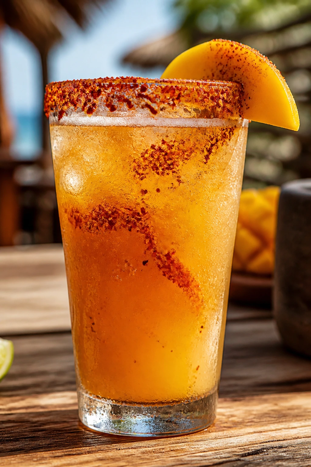 Mango Chili Michelada in a tall glass with chili-lime rim and mango wedge