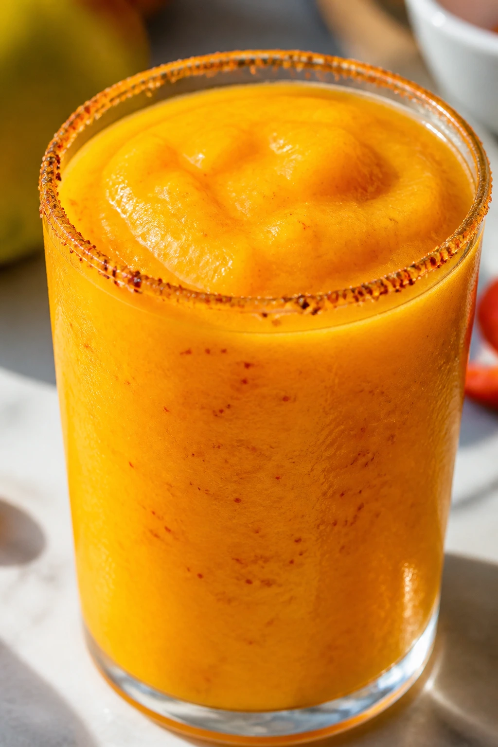 Close-up of thick orange mango chili salt smoothie in a glass with a light chili-salt rim
