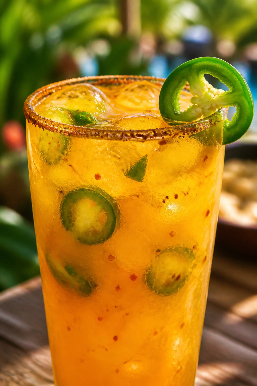 Mango chili tequila punch in a bright glass on an outdoor patio