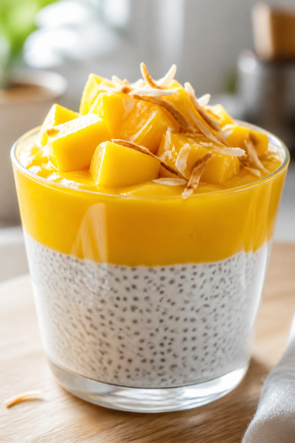 Layered mango coconut chia cup with toasted coconut on top