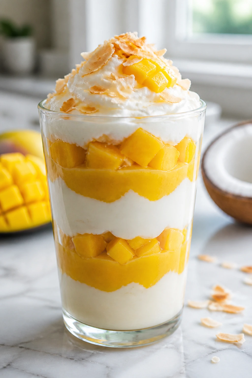 Parfait glass with mango and coconut pudding layers and whipped topping