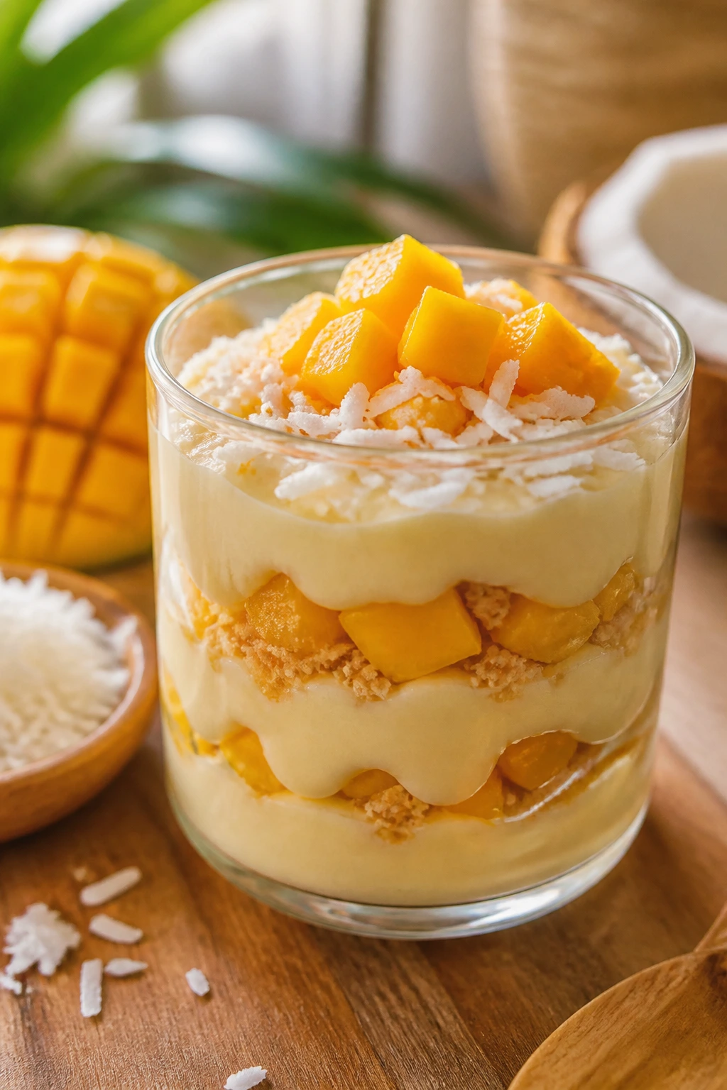 Layered mango coconut pudding in a glass cup on a wooden counter