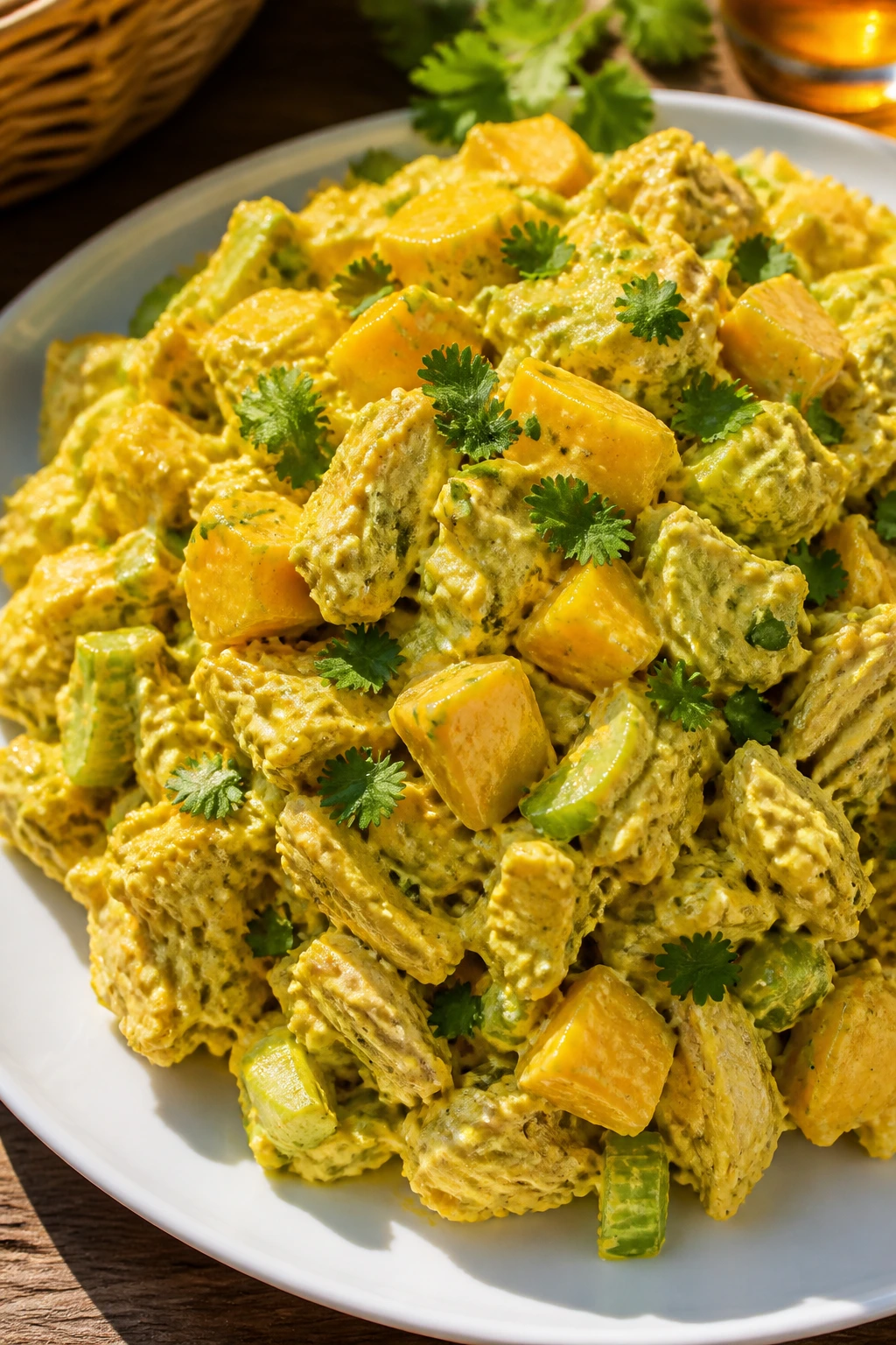 Close-up of mango curry chicken salad on plate showing mango and celery pieces