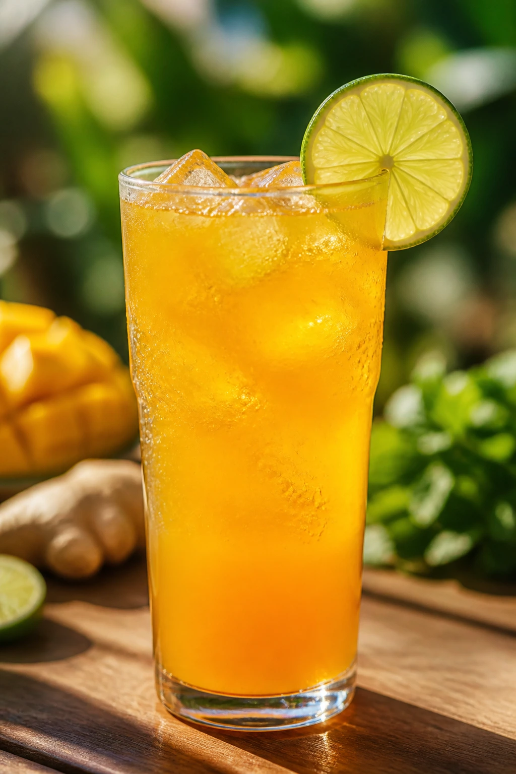 Close-up of Mango Ginger Fizz in a glass with lime wheel