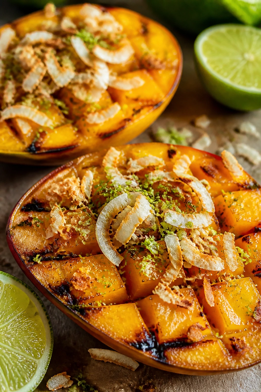 Close-up of grilled mango halves with lime and toasted coconut