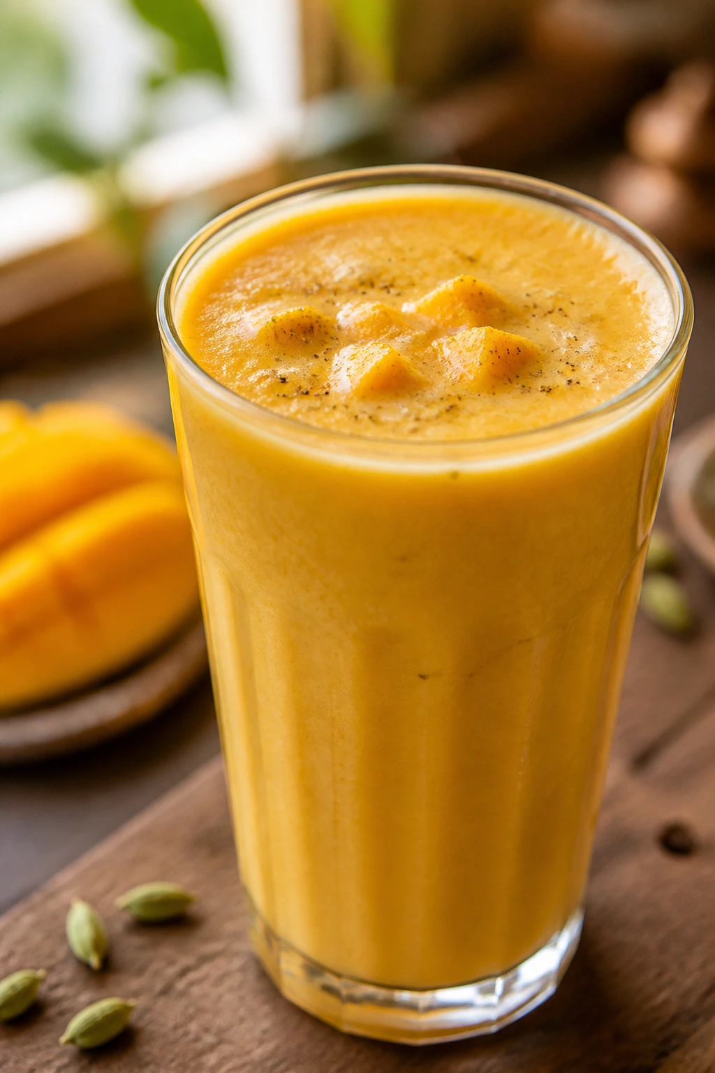 Close-up of Mango Cardamom Lassi in a glass on a wooden counter