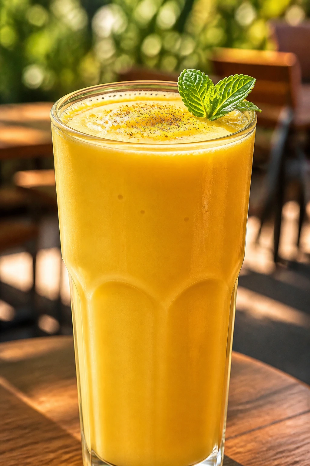 Close-up Mango Lassi Cooler in a tall glass on a sunny outdoor patio