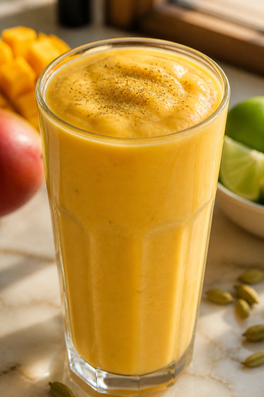 Close-up of thick mango lassi smoothie in clear glass with cardamom in sunlit kitchen