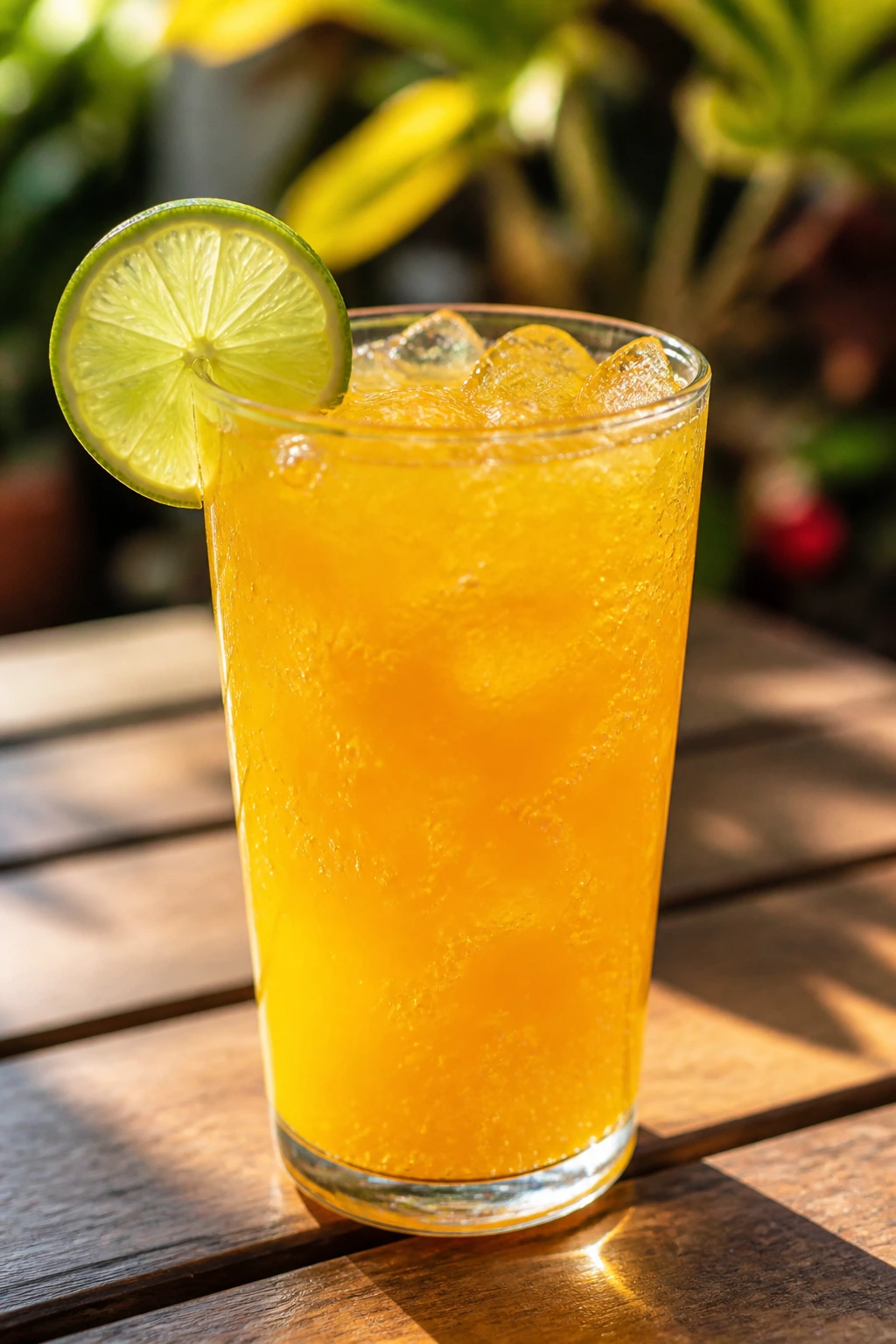 Close-up of a mango lime cooler in a glass on a sunny outdoor table