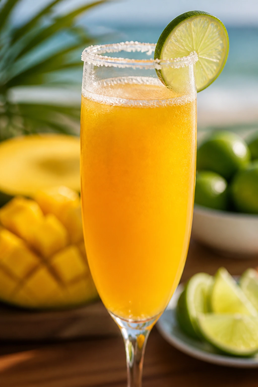 Close-up of Mango Lime Sunshine flute with lime wheel garnish on a sunny brunch table