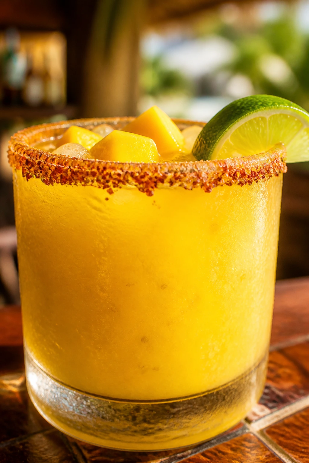 Close-up of mango margarita with chili-salt rim and lime wedge