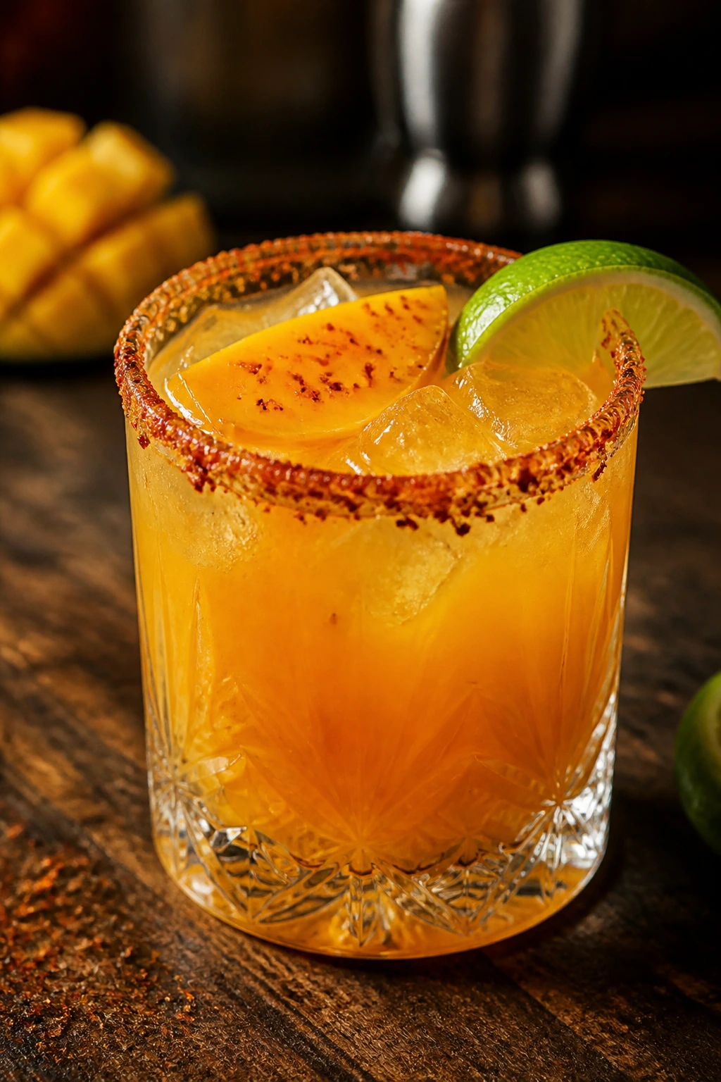 Close-up of Mango Chili Mezcal Margarita with chili-salt rim on a wooden bar