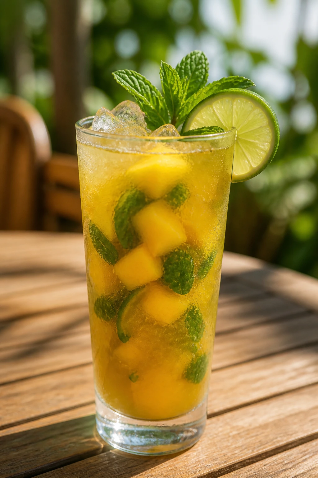 Close-up mango mojito with mint and lime on a sunny table
