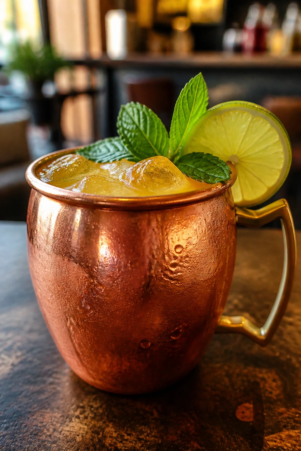 Mango Moscow Mule in copper mug with mint and lime in cafe setting
