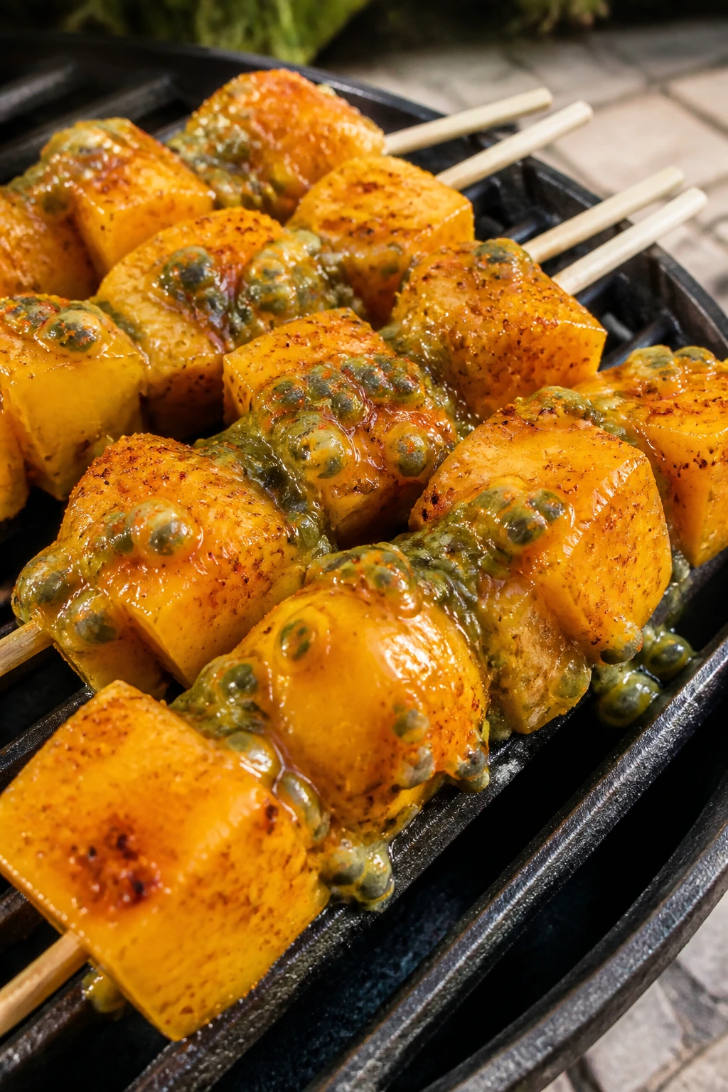 Close-up mango and passion fruit kebabs with chile-lime glaze on a grill-side board