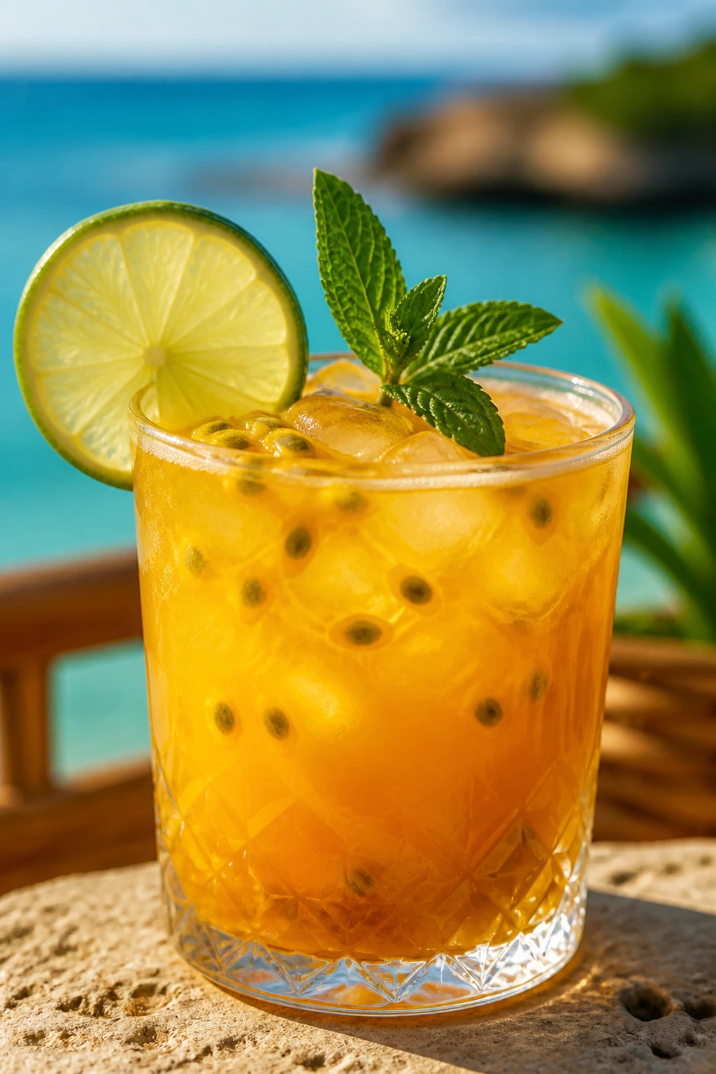 Close-up of Mango-Passion Fruit Rum Punch on a seaside patio