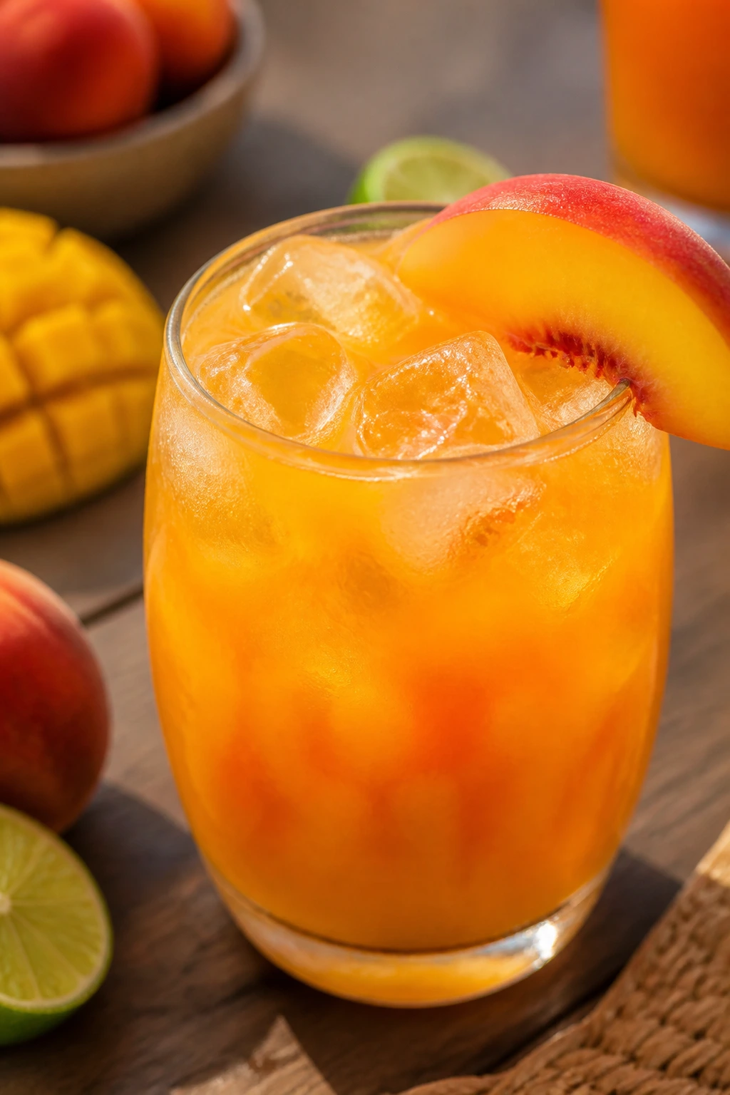 Close-up of Mango Peach Punch in a glass with a peach slice