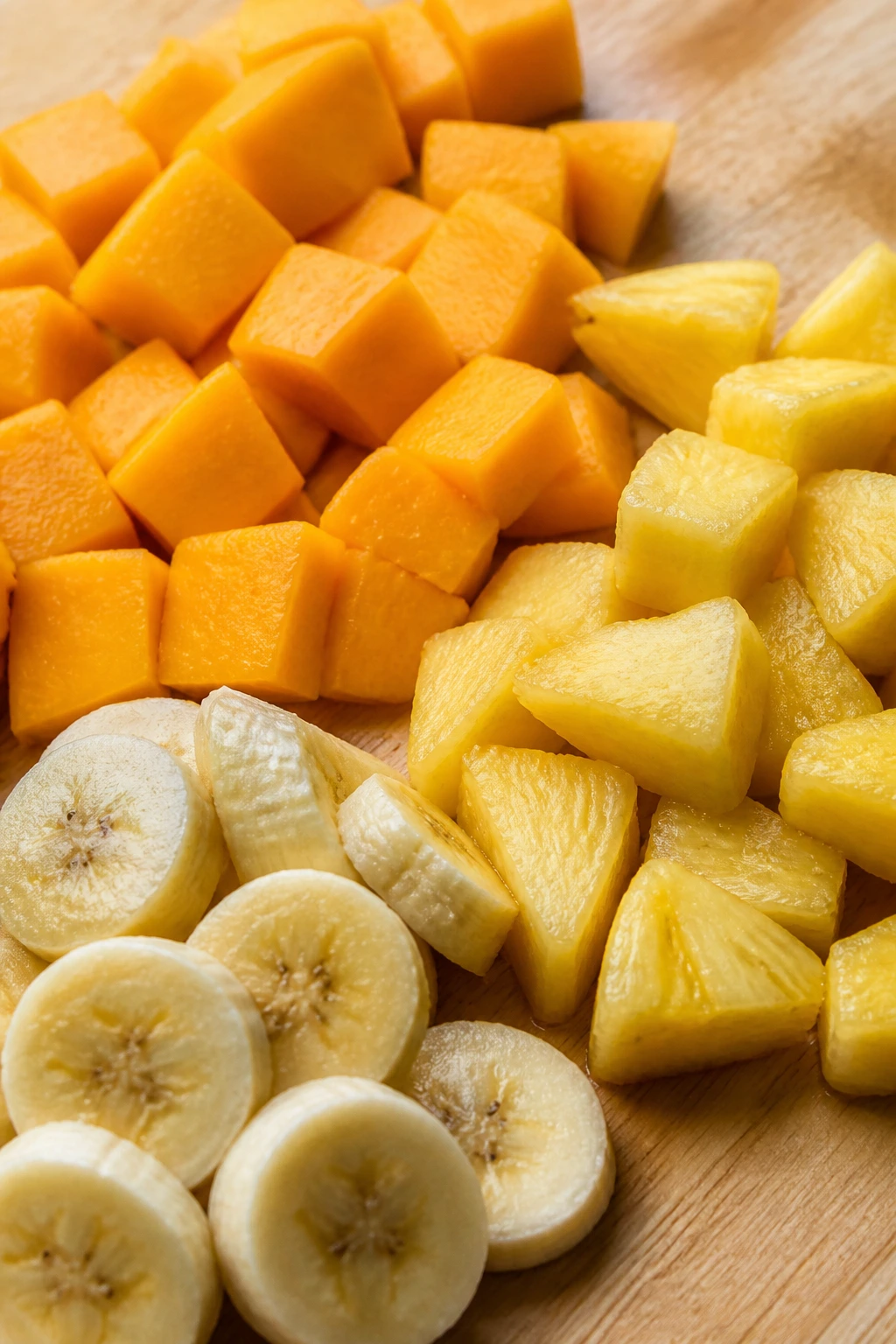 Still life of mango, pineapple, and banana pieces ready to freeze