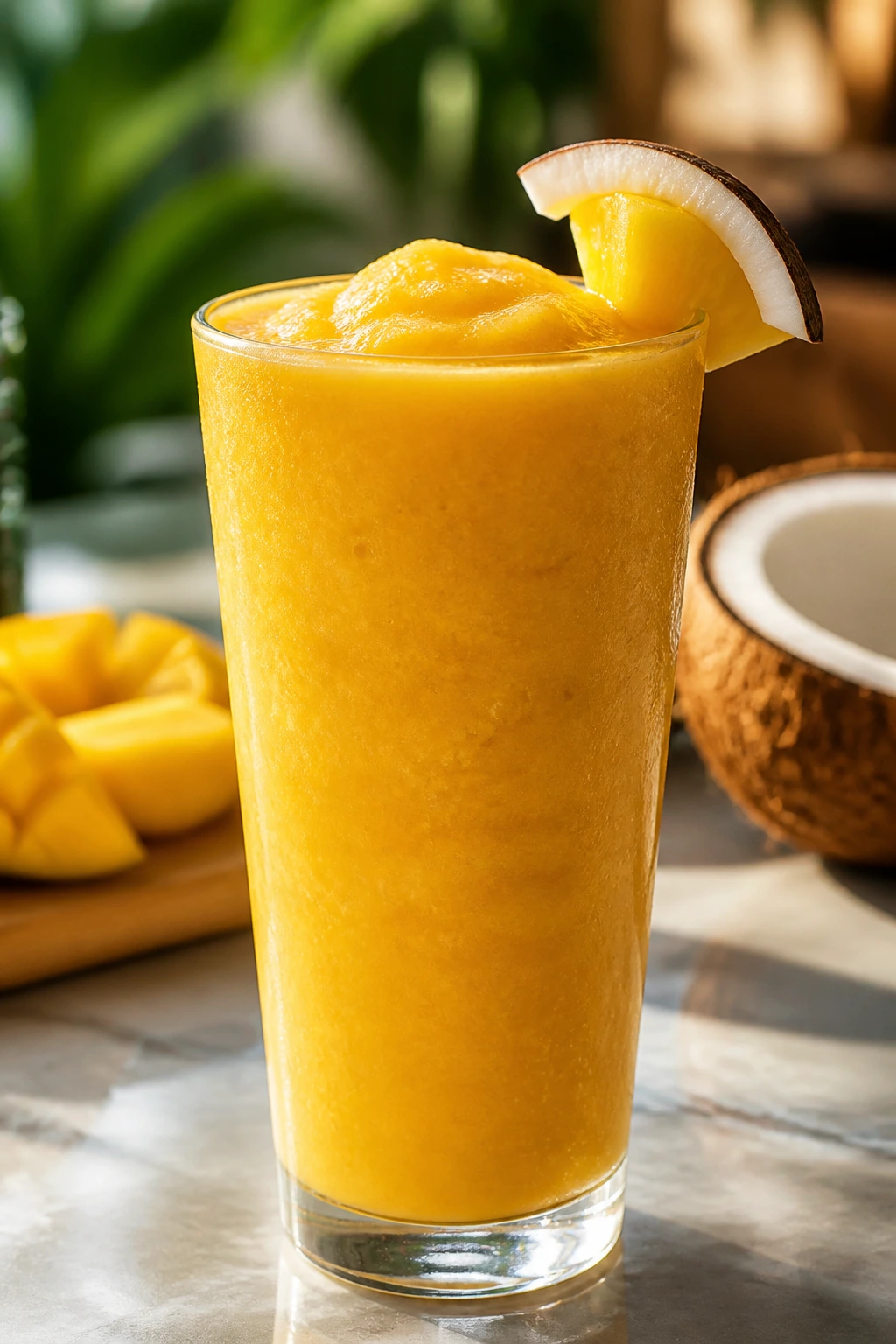 Tall glass of mango pineapple coconut smoothie with condensation in a tropical setting.