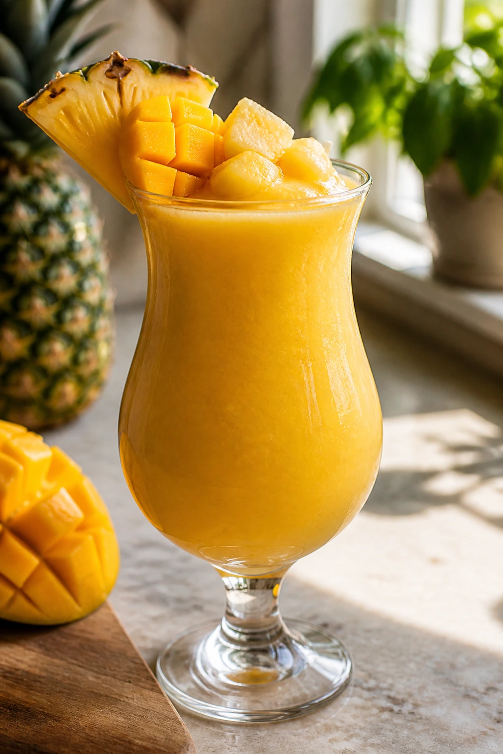 Mango Piña Colada Glow smoothie in a hurricane glass on a sunny counter.