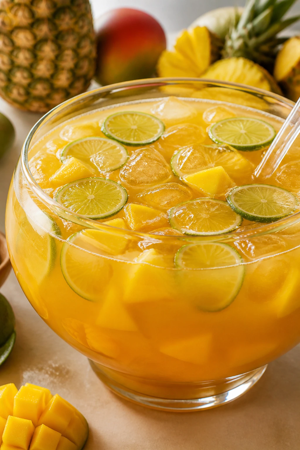 Mango pineapple punch bowl on a party table