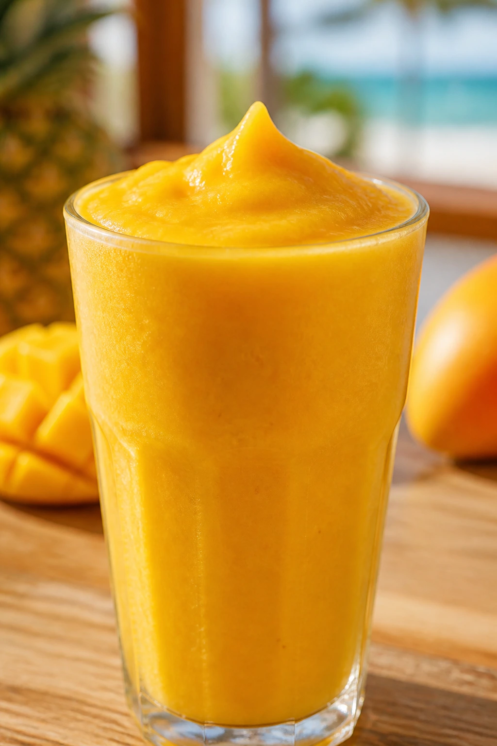 Bright mango pineapple smoothie in a glass with sunny background