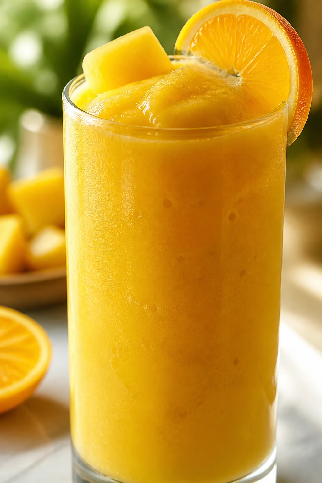 Vibrant mango pineapple smoothie in a glass on a sunlit counter