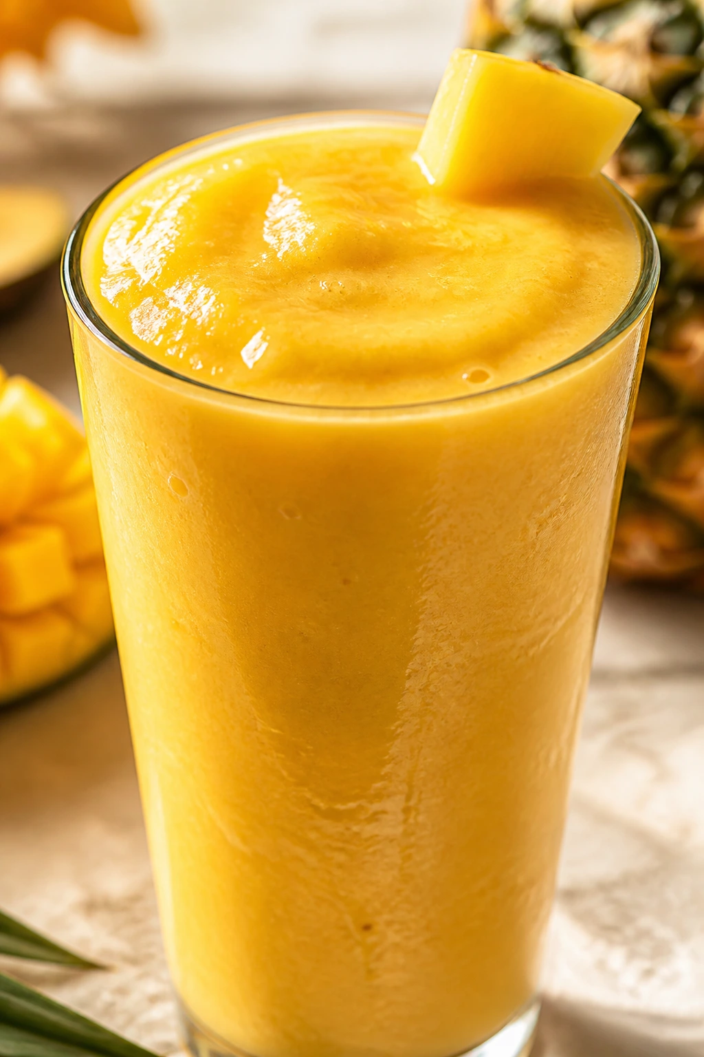 Close-up Tropical Mango Pineapple Smoothie in glass on sunny counter