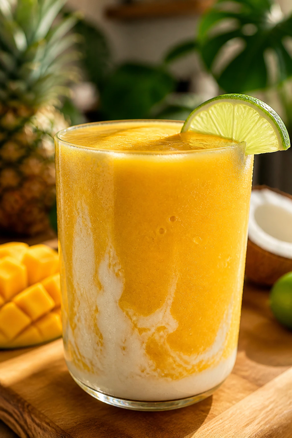 Close-up of Mango Pineapple Sunrise Smoothie in a glass with lime wedge in a tropical kitchen.