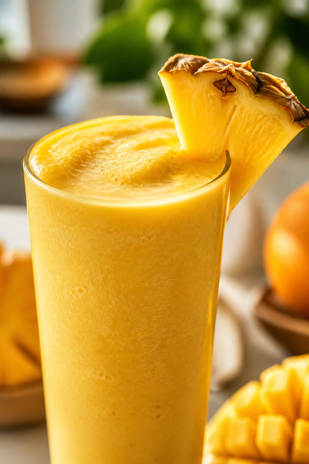 Close-up of pale gold mango pineapple smoothie in a glass with pineapple wedge
