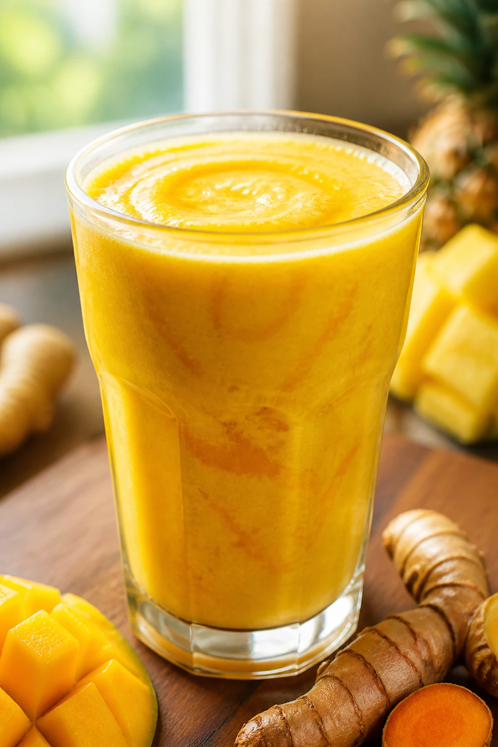 Golden mango pineapple turmeric smoothie in glass