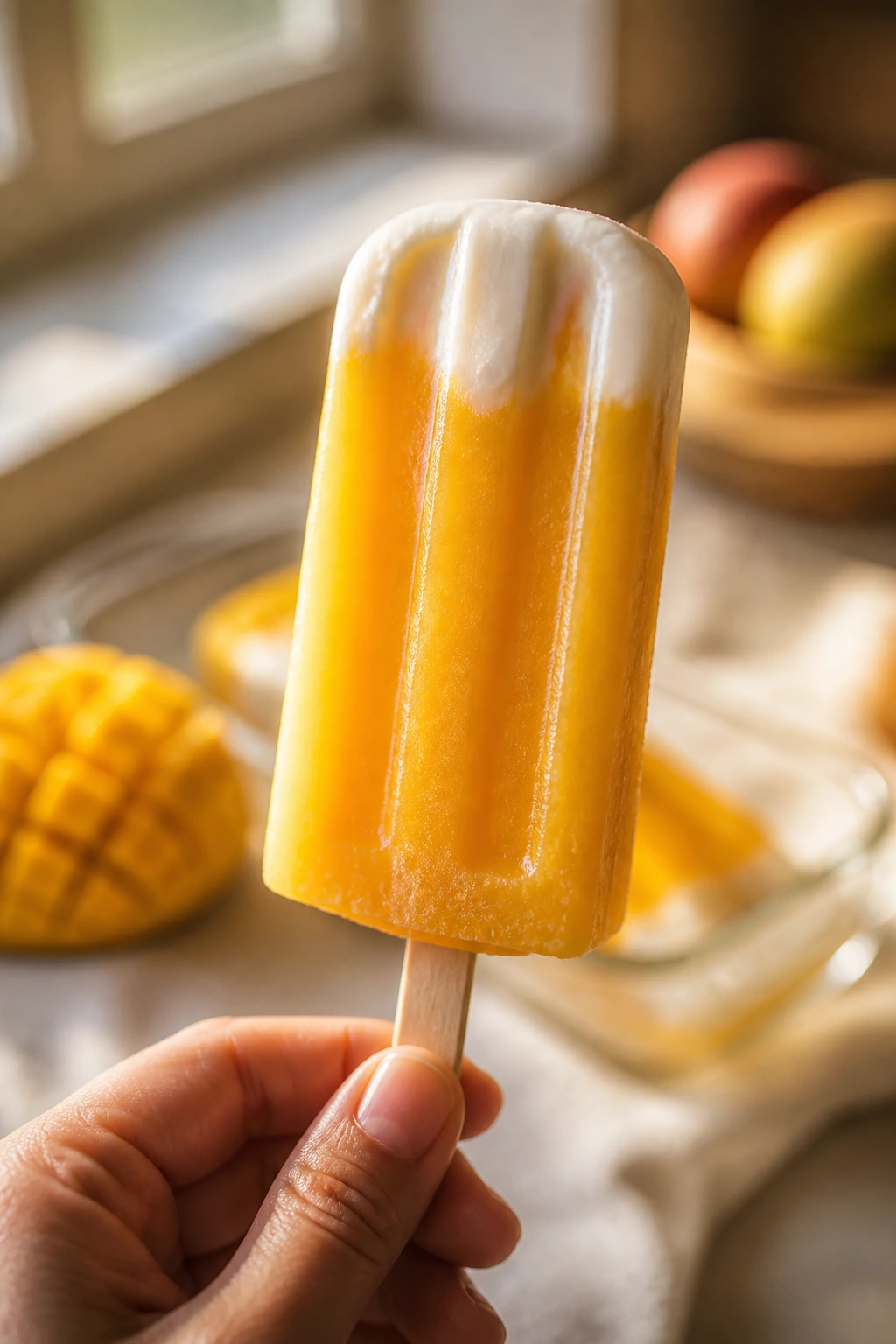 Close-up of a Coconut Mango Popsicle with creamy coconut layer in sunlit kitchen