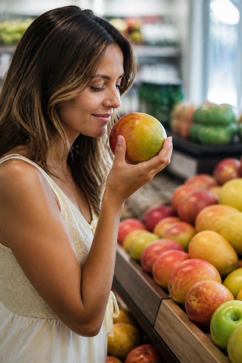 Close-up of a hand selecting a ripe mango in a grocery store produce aisle