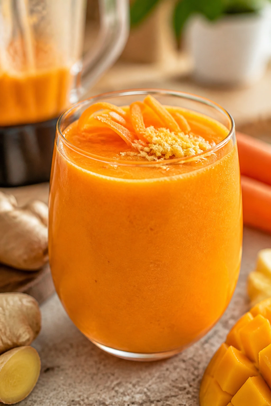 Close-up of Mango Carrot Smoothie in a glass on a bright kitchen counter