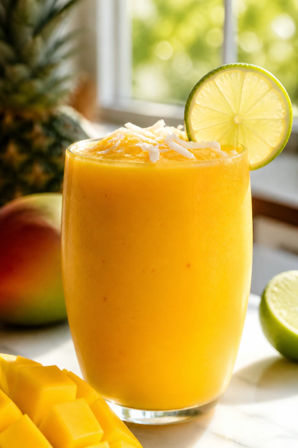 Bright mango coconut lime smoothie in a glass with lime garnish on a sunny kitchen counter