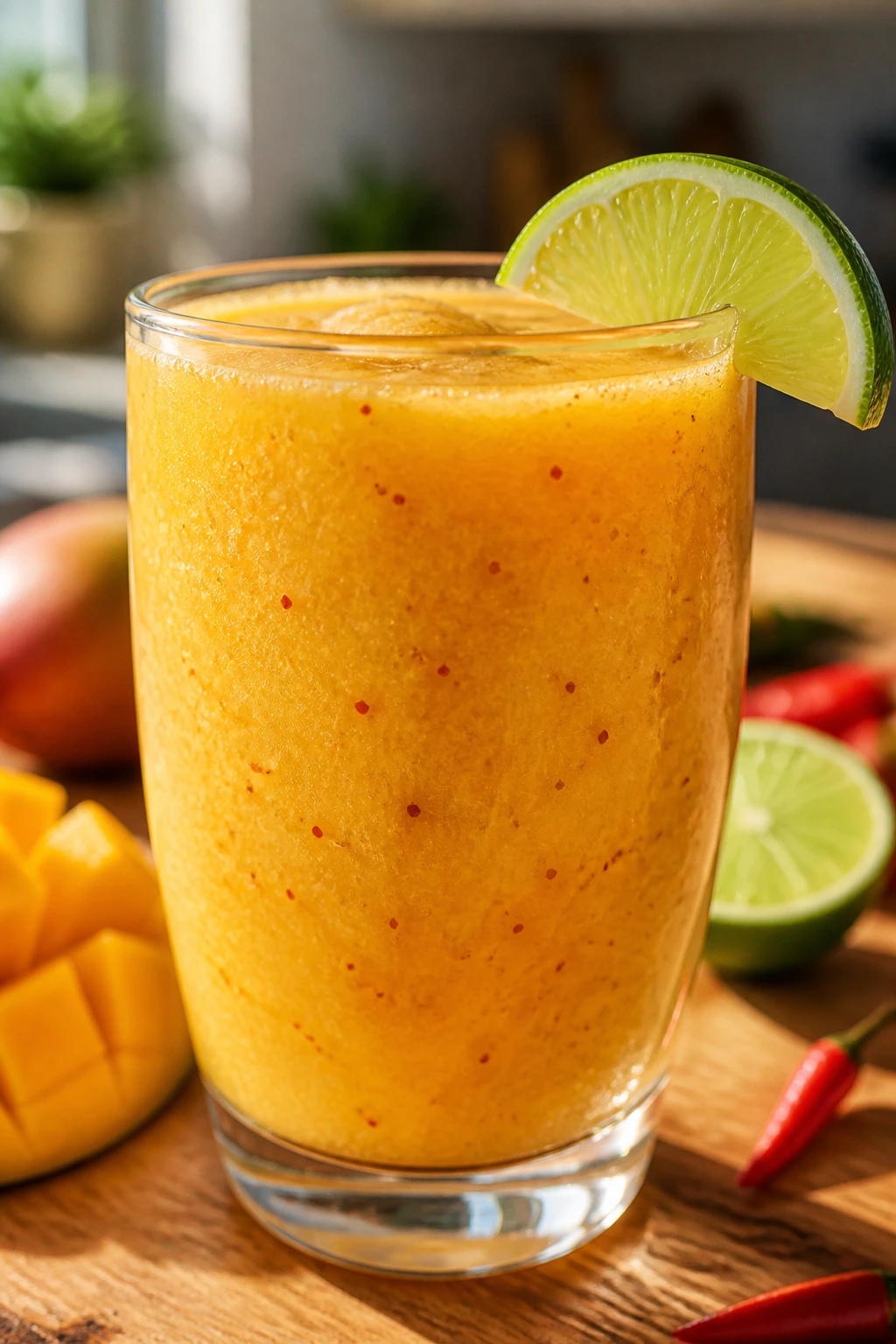 Bright yellow Mango Chili Lime Smoothie in a glass with lime wedge