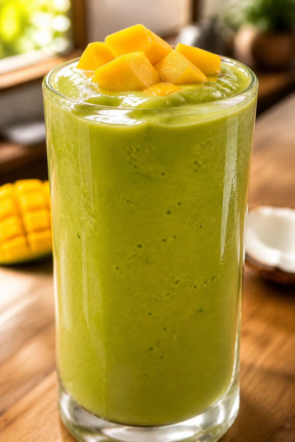 Close-up of Mango Matcha Coconut Smoothie in glass, tropical kitchen setting