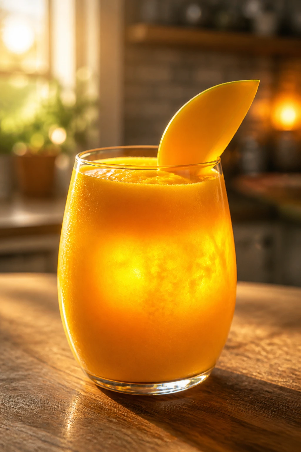 Bright orange mango turmeric smoothie in glass with mango slice garnish on a wooden counter