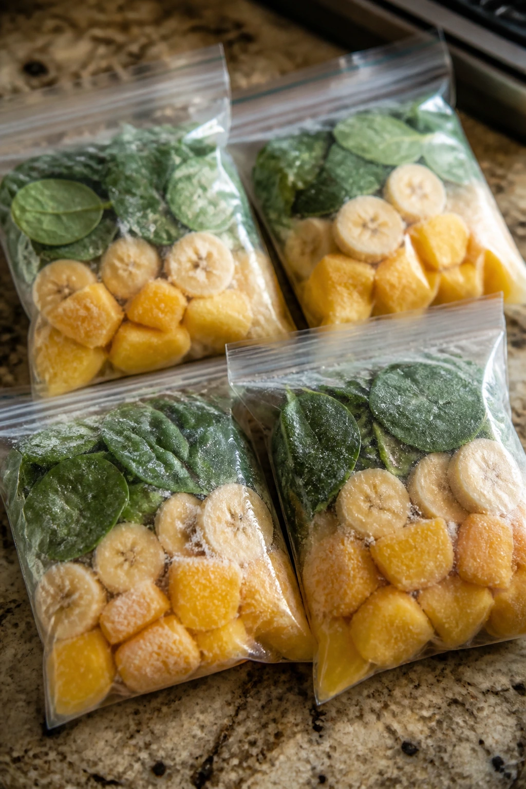 Close up of smoothie packs with mango and spinach on kitchen counter