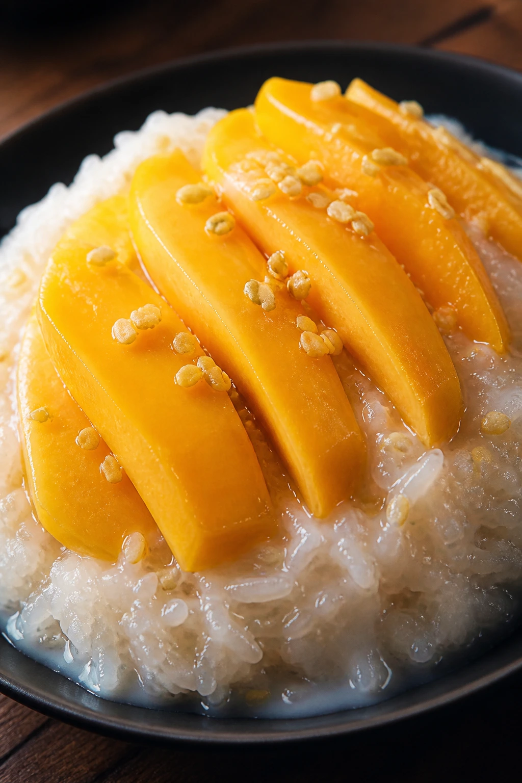 Close-up of mango sticky rice on a plate