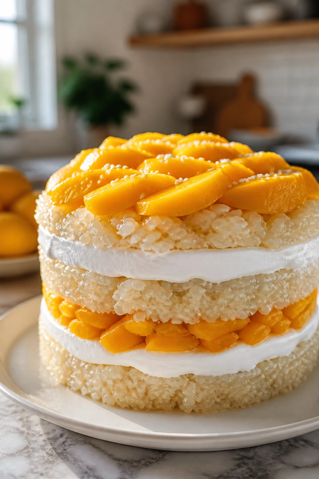 Close-up of mango sticky rice layer cake with mango slices and coconut cream